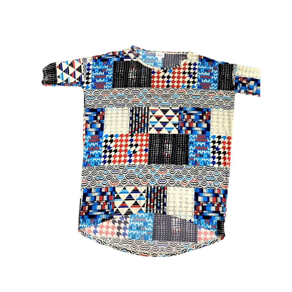 LuLaRoe Irma Tunic Top Red White Blue‎ Slinky High Low Hem Shirt XS